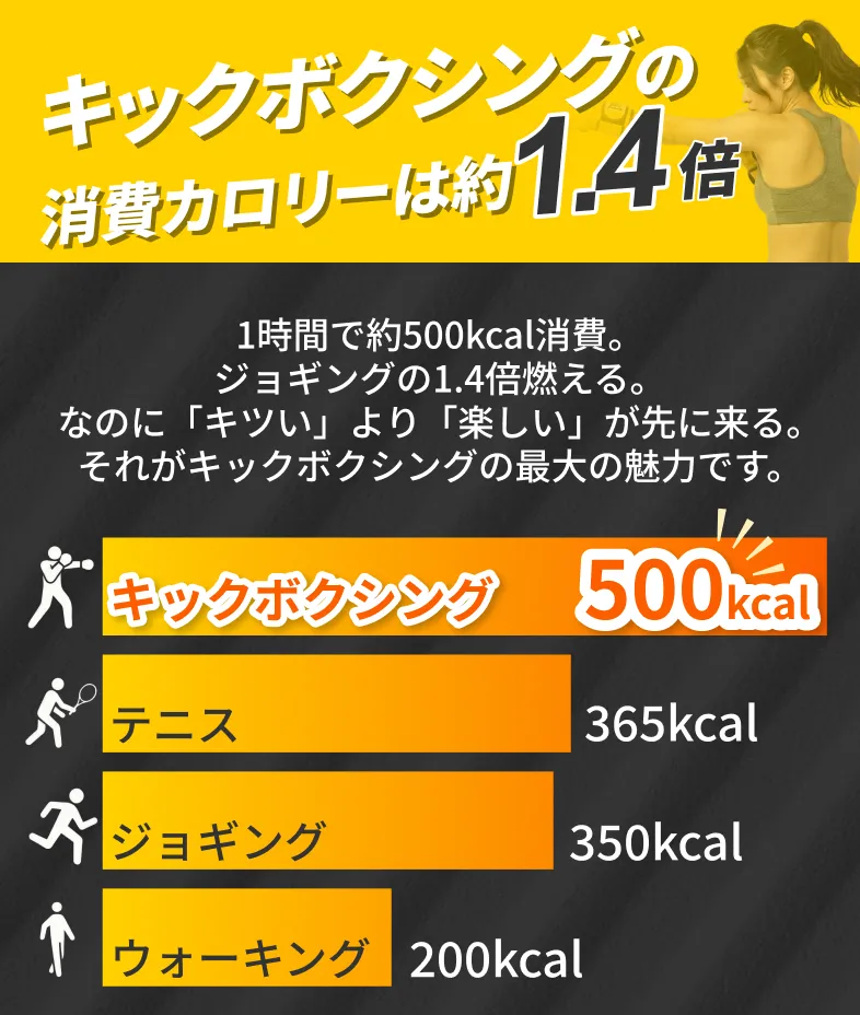 キックボクシングの消費カロリーは約1.4倍 1時間で約500kcal消費。 なのに「キツい」より「楽しい」が先に来る。 それがキックボクシングの最大の魅力です。